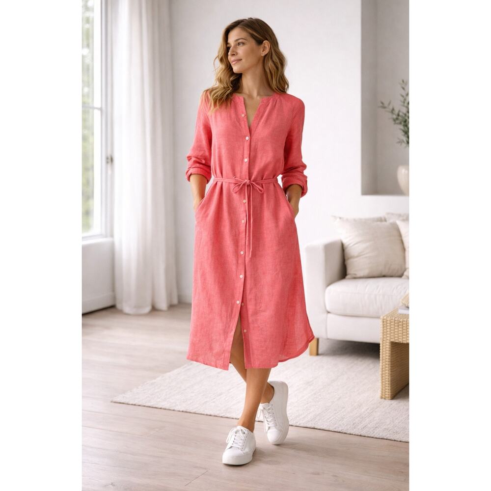 Loft Red Linen Blend Belted Shirt Dress Button Down Minimalist Casual Small